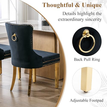 Black Velvet Dining Chairs Set of 2, Elegant Tufted & Nailhead, Gold Legs - color: Black, Golden Steel Leg, size: set of 2