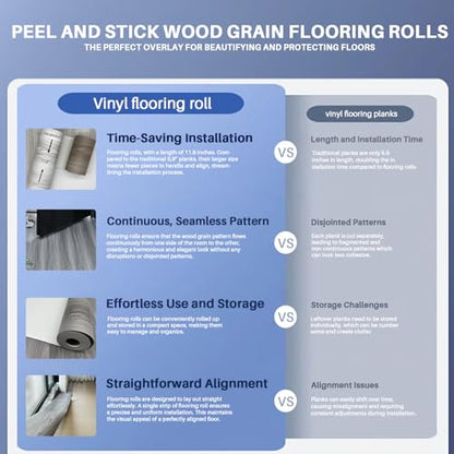 Woodgrain Vinyl Floor Roll, 11.8" x 394", Quick‑Apply Peel & Stick - color: Grey, size: 394"*11.8"