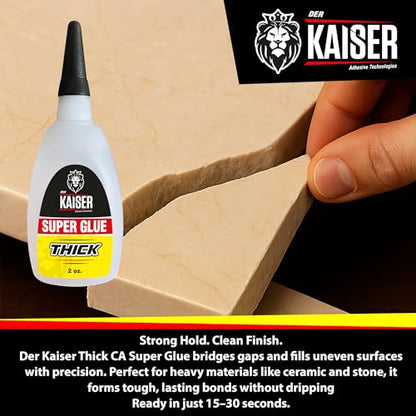 Der Kaiser Thick CA Super Glue (2 oz) – Gap-Filling Cyanoacrylate Adhesive – 15-30 Sec Cure – Pro Kit with Microtips – Wood, Plastic, Metal, 3D Printing, Hobby Models, DIY Repairs – 1,000-1,500 CPS - size: 2 oz