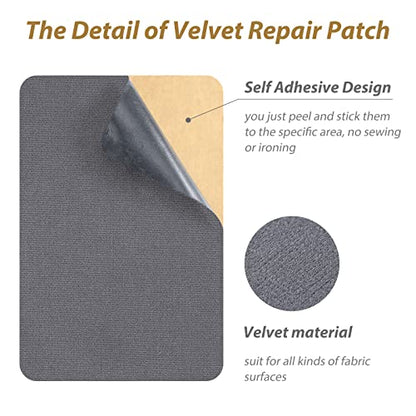 6 Pieces Upholstery Patch Sofa Couch Carpet Scratches Velvet Patch Repair Self Adhesive Flannel Fabric Furniture Car Seats Jeans Hand Bag Jackets, 11.81 x 7.87 Inch(Gray)