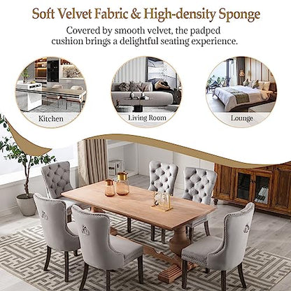 Light Grey Velvet Dining Chairs Set of 4, Elegant Tufted&Nailhead, Wood Leg - color: Light Grey, Wood Leg, size: set of 4