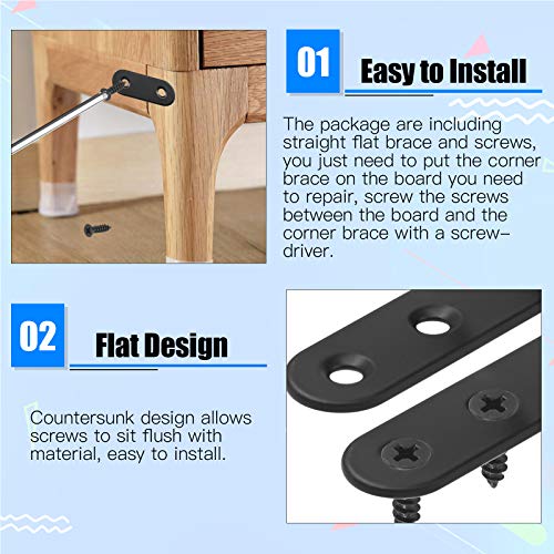 Glarks 8 Sets 250mm Flat Straight Corner Brace Black Metal Joint Plate Connector Repair Fixing Bracket with 70Pcs Screws for Wood Furniture (250x20x3mm) - size: 250x20x3mm