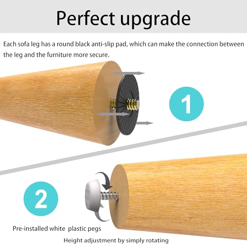 4-Pack 4-Inch Solid Hardwood Furniture Legs, Mid-Century Style with Golden Metal Caps - Natural Color, Perfect for Couches, Dressers, Chairs, and Cabinets - size: 4 inch