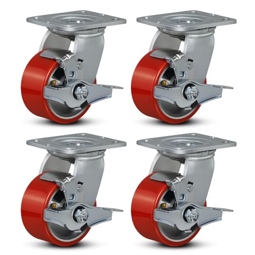 4"x2" Industrial Casters- Heavy Duty casters,Polyurethane Casters Wheel,Capacity up to 3200 Lb. Use for Platform Truck, U-Boat Cart,Workbenches(4 Brake) - style: 4 inch