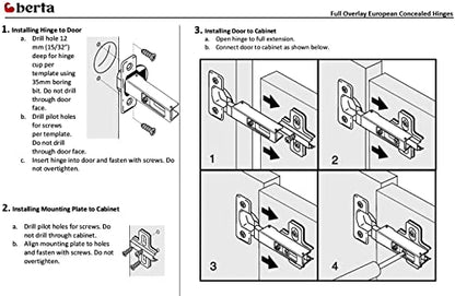 Berta (4 Pieces) Full Overlay Frameless European Hinges 105 Degree 2-Cam 4-Way Adjustable Concealed Kitchen Cabinet Door Hinges with Screws - size: 4