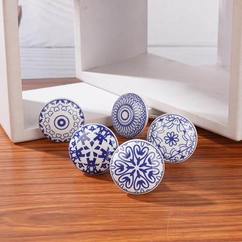 Ajuny 10 Blue White Ceramic Cabinet Knobs, Printed Drawer Pull Handles Set - color: Blue-White