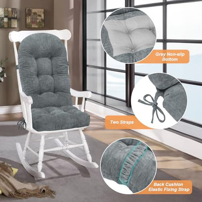 Rocking Chair Cushion - Chenille Fabric, High-Density Sponge, Durable Comfort Non-Slip Bottom Tufted Seat Pads with Ties, Chenille︱Light Grey, 44x19x4 inch - color: Light Grey