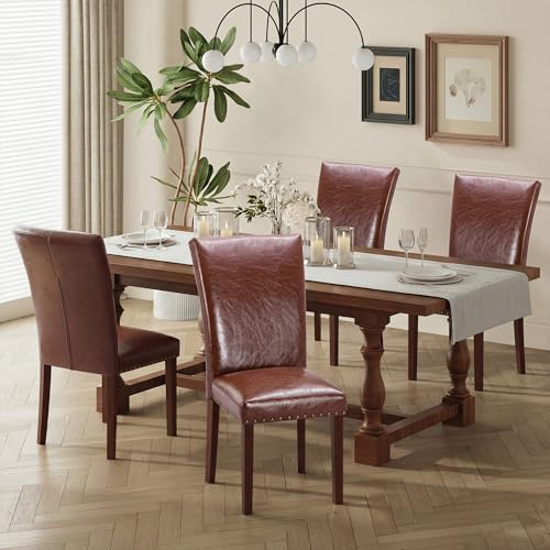 COLAMY Upholstered Parsons Dining Chairs Set of 4, PU Leather Dining Room Kitchen Side Chair with Nailhead Trim and Wood Legs - Light Brown - color: L-lightbrown, size: Set of 4