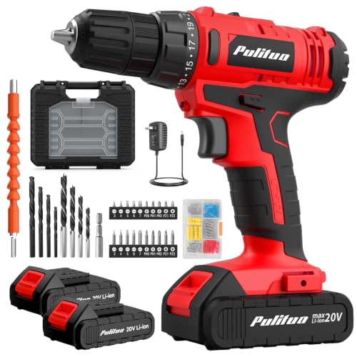 PULITUO 20V Cordless Drill Set, 2 Batteries Electric Screwdriver, 30Nm Power Drill Driver, 21+1 Torque, 2 Speed, 3/8"Keyless Chuck, power Drill with LED Light, Drill Driver Kit for Home (Red) - color: 20v Drill (Red)- Double-box