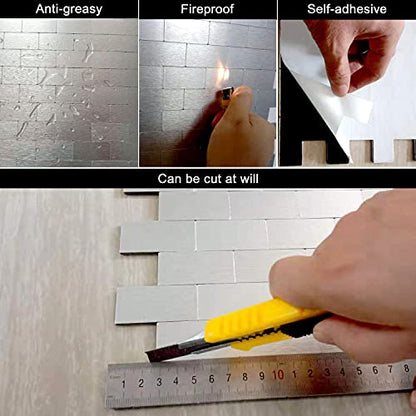 XUANINY 10-Sheet Peel and Stick Metal Backsplash Tiles, Self Adhesive Brushed Aluminum Subway 3D Wall Sticker for Kitchen Bathroom (12"x11.02") (10, Silver Brushed) - color: Silver brushed