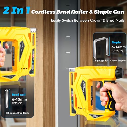 Cordless 18 Gauge Brad Nailer Compatible with 20V Battery, 2-in-1 Brad Nailer/Narrow Crown Stapler, Electric Nail Gun with Nails/Staples, Dual Mode Framing Nail Gun for Trim Wood Crafting - No Battery