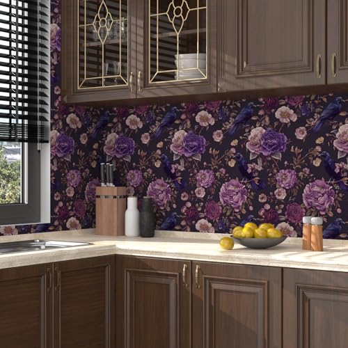 Laatse Gothic Dark Purple Crow Floral Wallpaper Peel and Stick 17.5"x393" - color: Dark Purple, size: 17.5" x 393"