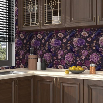 Laatse Gothic Dark Purple Crow Floral Wallpaper Peel and Stick 17.5"x393" - color: Dark Purple, size: 17.5" x 393"