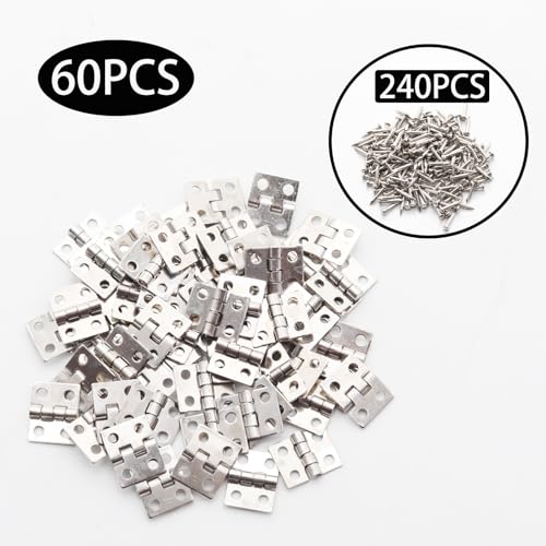 60 Pcs 10mmx8mm / 0.39" x 0.31" Silver Mini Hinges, 0.4 Inch Solid Brass Folding Butt Hinge, 2/5 Inch Cabinet Hinge for Jewelry Box, Drawer Cabinet Furniture - color: Silver