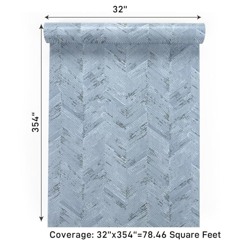 VaryPaper 32"x354" Light Blue Herringbone Peel and Stick Wallpaper Grasscloth Wallpaper for Bedroom Bathroom Waterproof Removable Self Adhesive Vinyl Faux Grass Cloth Contact Paper for Cabinets Desk - size: 32" x 354"