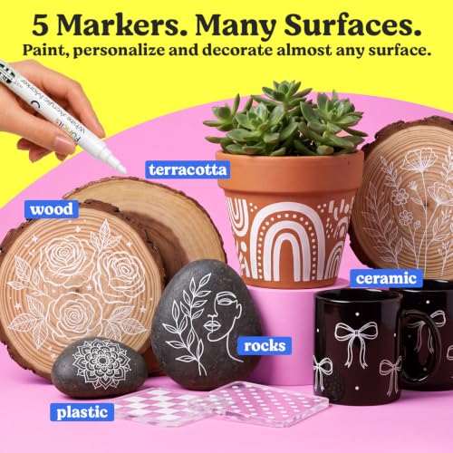 5 White Acrylic Paint Pens for Rock Painting, Wood, Fabric, Metal - color: White