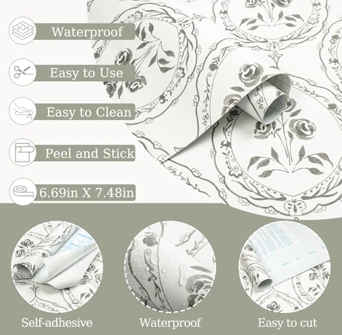 Boho Floral Peel and Stick Wallpaper Gray Green Self Adhesive Wallpaper - color: Gray Green
