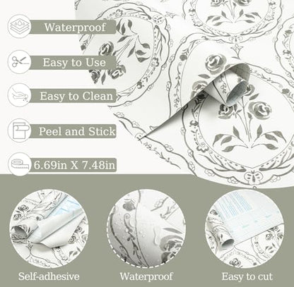 Boho Floral Peel and Stick Wallpaper Gray Green Self Adhesive Wallpaper - color: Gray Green