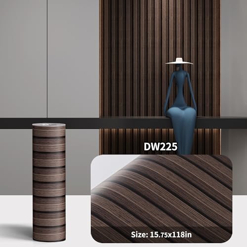 Haimin Wood Grain Slat Wall Panels Peel and Stick Faux Wood Thick Wallpaper - color: Dark Brown