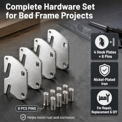 NEWHOOK 4 Pcs Universal Wood Bed Rail Hook for Bed Frame with Pin