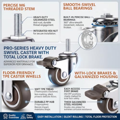 WANLIAN M6 Threaded Stem Casters Set of 4 Heavy Duty Swivel Caster Wheels with Brakes, TPE Rubber Small Screw Replacement Wheels for Furnitures, Rolling Carts, Standing Desks, Wire Shelving (1 Inch) - style: 1 Inch