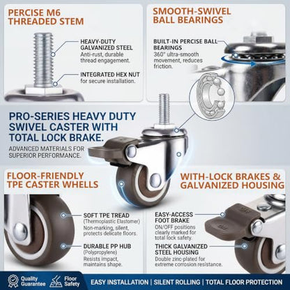 WANLIAN M6 Threaded Stem Casters Set of 4 Heavy Duty Swivel Caster Wheels with Brakes, TPE Rubber Small Screw Replacement Wheels for Furnitures, Rolling Carts, Standing Desks, Wire Shelving (1 Inch) - style: 1 Inch
