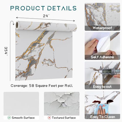 VEELIKE Wide Peel and Stick Countertops Luxury Gold White Marble Contact Paper for Countertops Waterproof Counter Top Contact Paper 24''x354'' Self Adhesive Marble Wallpaper for Kitchen Bathroom Table - size: 24" x 354"