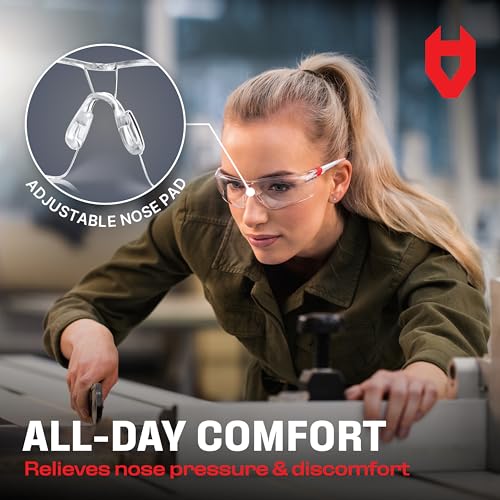 NoCry Clear Safety Glasses for Men and Women; Lightweight Work Glasses with Adjustable Frames and No-Slip Grips; Scratch Resistant Anti Fog Safety Glasses with Superior UV Protection, ANSI Z87.1 Rated - color: White & Red