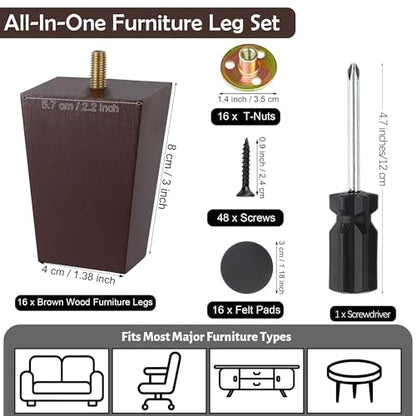 TURSTIN 16 PCS 3 Inch Wood Furniture Legs, Couch Legs Replacement, Brown - color: Brown, size: 3 Inch