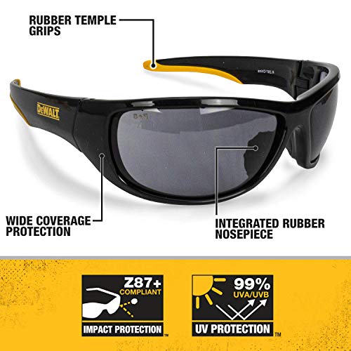 DEWALT DPG94-2C Dominator Z87+ Safety Glasses – Black Full Frame & Smoke Lens – Rubber Temples & Nosepiece – 1 Pair