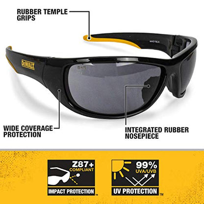 DEWALT DPG94-2C Dominator Z87+ Safety Glasses – Black Full Frame & Smoke Lens – Rubber Temples & Nosepiece – 1 Pair