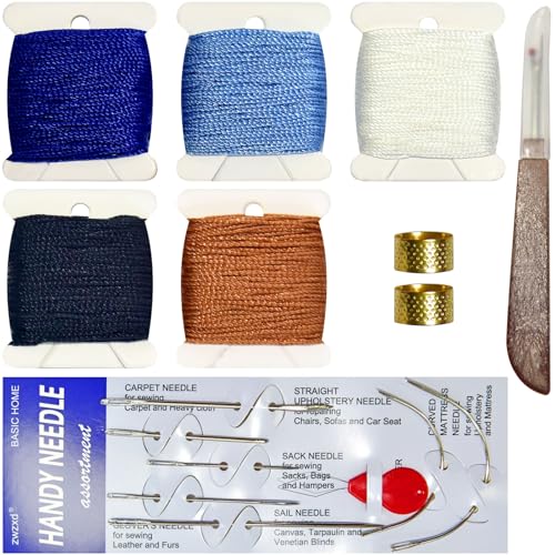 Extra Strong Upholstery Repair Sewing Thread Kit Including 7 Styles of Leather Canvas Sewing Needles，1needle Threader,1seam Ripper,2thimbles and 5 Rolls Nylon Thread, 5 Colors，color1 - color: cool tones