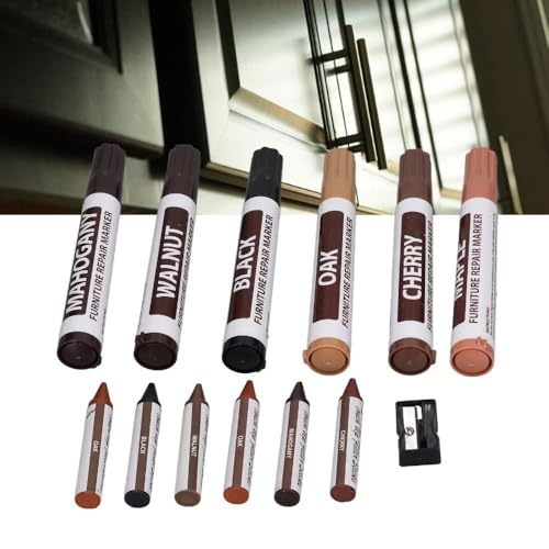 Repair Touch Up Kit,13Pcs Wood Scratch Restoration Set with 6 Touch Up Markers 6 Repair Crayons and Sharpener for Wooden Floors Doors and Furniture
