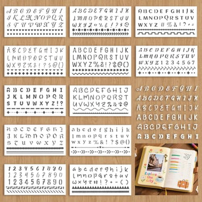 12 Sheets Letter Stencils for Painting, 12 Styles Alphabet Numbers Bar Borders Designs Drawing Templates Reusable Art Stencil for Hand Forearm Painting on Wall Wood Home Decor - style: Letters
