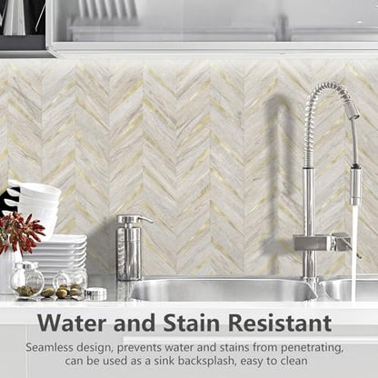 STICKGOO Herringbone Tile Peel and Stick Backsplash for Kitchen&Bathroom - color: Sunny Beige Mixed Metal Gold