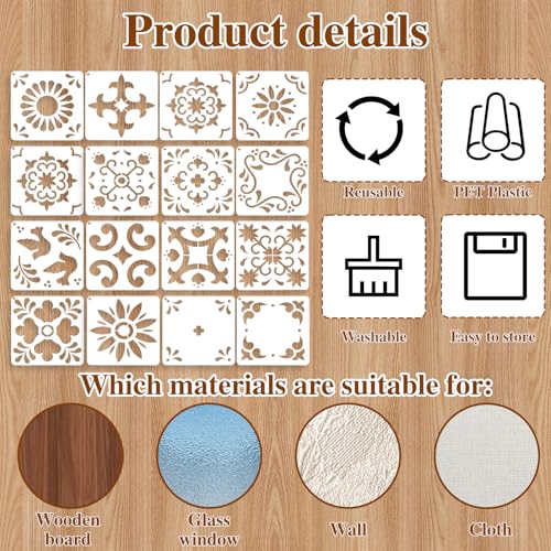 Yuanchu 16 Pack Tile Stencil Set (6X6 Inch), Reusable Spanish Mexican Talavera Stencils for Floor Wall Furniture Canvas DIY Home Décor