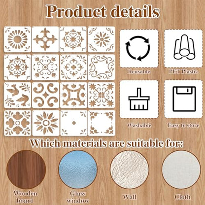 Yuanchu 16 Pack Tile Stencil Set (6X6 Inch), Reusable Spanish Mexican Talavera Stencils for Floor Wall Furniture Canvas DIY Home Décor