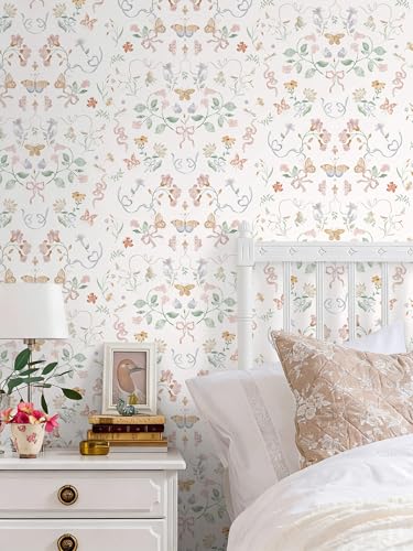 Peel and Stick Wallpaper for Nursery White Cute Bow Leaf Waterproof - color: White, size: 17.3" x 196"