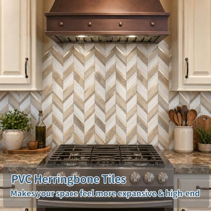 Yipscazo 10-Sheet Herringbone Backsplash Peel and Stick Tile, Beige Mixed Gray Stone Mixed Metal Gold PVC Stick on Backsplash for Kitchen, Waterproof Self Adhesive Wall Tiles for Bathroom - color: Beige Mixed Gray Stone Mixed Metal Gold