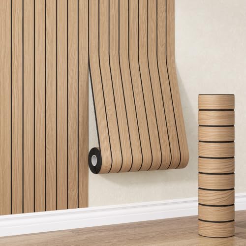 Peel and Stick PVC Slat Wall Panel 118"x15.75"(12.9 ft²) Faux Wood Slat Panels, Self-Adhesive Wood Grain Wallpaper, 3D Soundproof Wall Panels for Bedroom Bathroom Walls & Ceilings, Oak - color: Oak, size: 15.8" x 118"