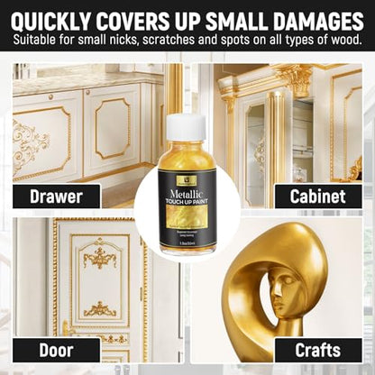 Gold Metallic Touch up Liquid Gold Leaf Paint High Gloss Multi Surface Rich Golden Paint for Metal, Wood, Plastic, Canvas, Appliance, Furniture Scratch Repair & Art Handcrafts Fast Drying Acrylic Metallic Finish 1.5oz