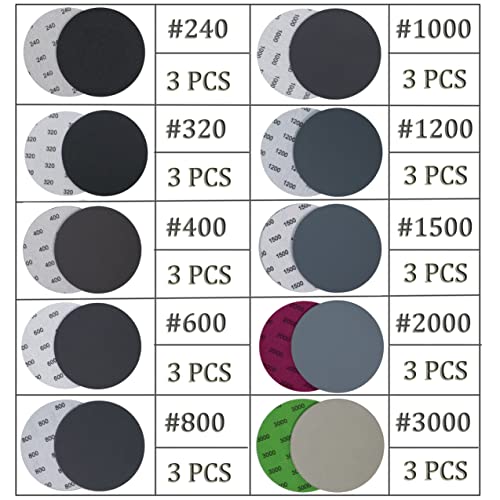 30PCS 5 inch No Hole #240-#3000 Wet Dry Sanding Discs 240 320 400 600 800 1000 1200 1500 2000 3000 Grit Sandpaper Compatible for Random Orbital Sanders (#240-#3000 10Kind Grit Each 3PCS) - style: #240-#3000 10Kind Grit Each 3PCS
