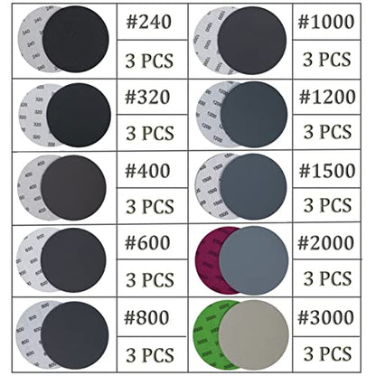 30PCS 5 inch No Hole #240-#3000 Wet Dry Sanding Discs 240 320 400 600 800 1000 1200 1500 2000 3000 Grit Sandpaper Compatible for Random Orbital Sanders (#240-#3000 10Kind Grit Each 3PCS) - style: #240-#3000 10Kind Grit Each 3PCS