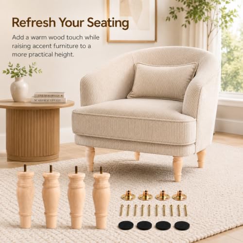 5.9 Inch Wooden Furniture Bun Feet Set of 4, Unfinished Rubber Wood Replacement Furniture Legs, M8 Thread, with Mounting Plates Screws Floor Pads for Couch Chair Ottoman Cabinet