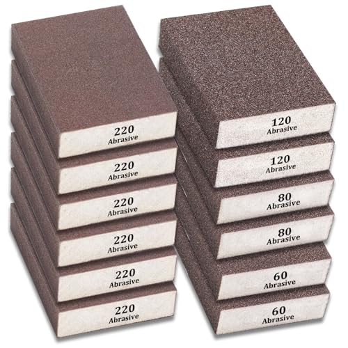 Tnisesm 12Pcs Sanding Blocks 60/80/120/220 Grits Sanding Sponge,for Drywall Wood Metal Washable & Reusable Sandpaper BlocksWashable and Reusable - size: 60/80/120/220 Grit