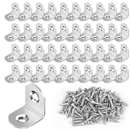 40 Pcs L Bracket Stainless Steel Corner Brace Sets, 90 Degree Right Angle Brackets with 80 Pcs Screws, L Bracket Firmware for Wooden Shelves, Chairs, Tables, Dressers, Furniture (Silver) - size: 40PCS | 20×20MM, style: Silver