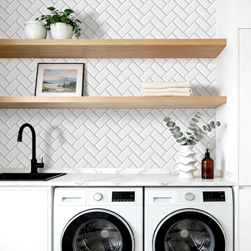 FunStick 17.5"x354" Herringbone White Wallpaper Peel and Stick Kitchen Backsplash Wallpaper Tile Contact Paper for Countertops Self Adhesive Vinyl Wall Paper Roll for Kitchen Bathroom Walls Waterproof - size: 17.5 x 354 Inches
