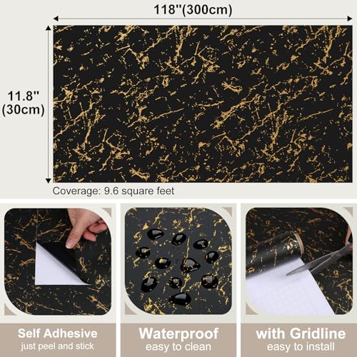 Black and Gold Marble Contact Paper Peel and Stick Countertops Waterproof Dark Marble Wallpaper for Bathroom Kitchen Prepasted Counter Top Cover Vinyl Wrap for Desk Table Cabinet 11.8"x118"