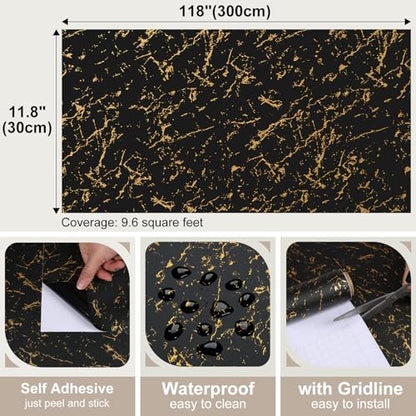 Black and Gold Marble Contact Paper Peel and Stick Countertops Waterproof Dark Marble Wallpaper for Bathroom Kitchen Prepasted Counter Top Cover Vinyl Wrap for Desk Table Cabinet 11.8"x118"