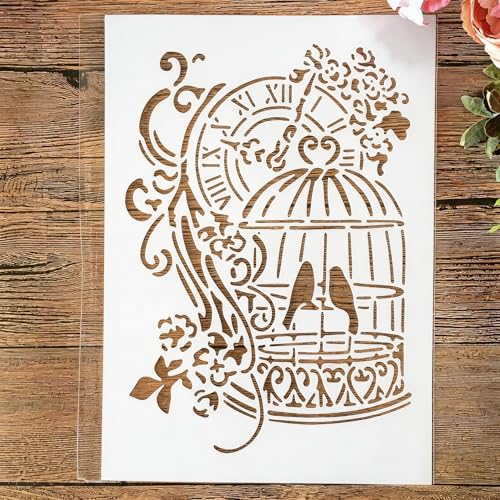 TIAMECH A4 Reusable Vintage Birdcage Clock Stencil for Painting - style: Birdcage Clock